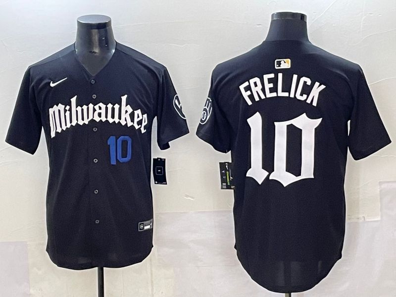 Men 2025 Milwaukee Brewers #10 Frelick Black Five generations Joint Name Nike MLB Jersey style 011